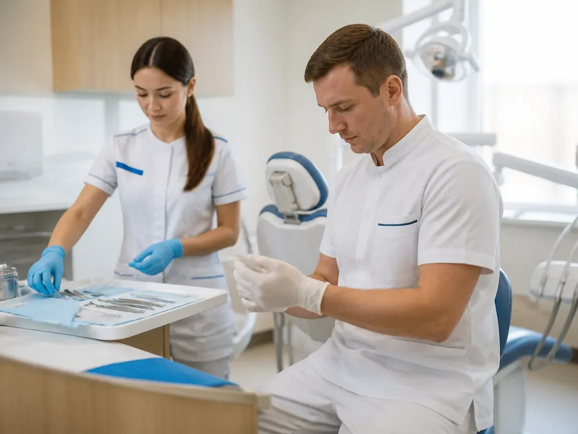 Preparation: the assistant lays out sterile instruments, the dentist puts on gloves — illustration for the "Preparation" section