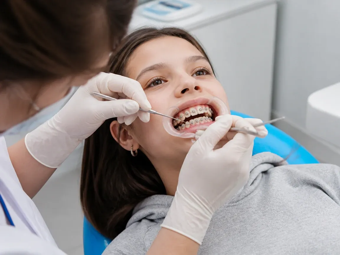 The treatment stage itself: the doctor's gloved hands working in the oral cavity — an illustration for the "System placement" section