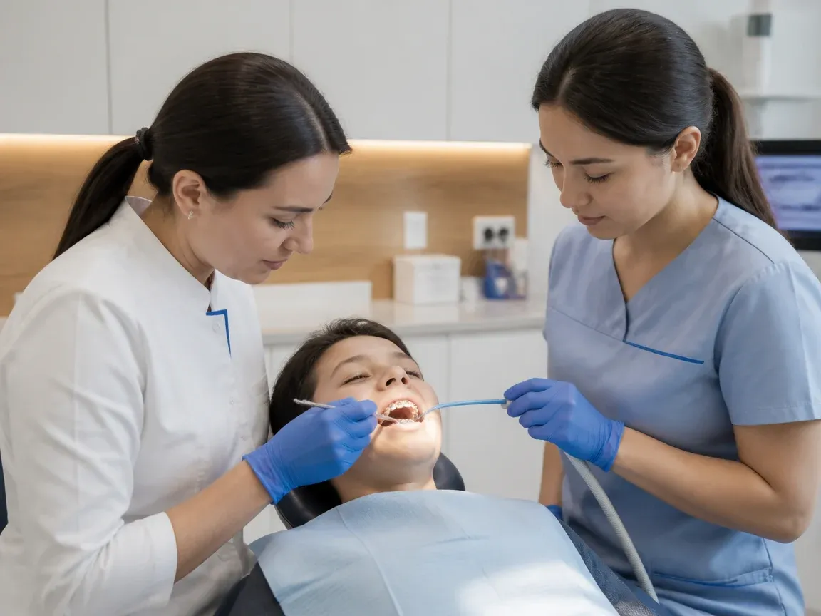 Follow-up visit: the dentist checks the result with a mirror while the assistant holds the saliva ejector — illustration for the "Scheduled visits" section