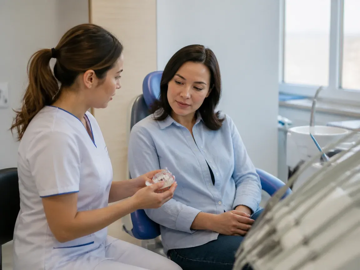End of appointment: the doctor next to the patient goes over aftercare instructions — illustration for the section "Removal and Retention"
