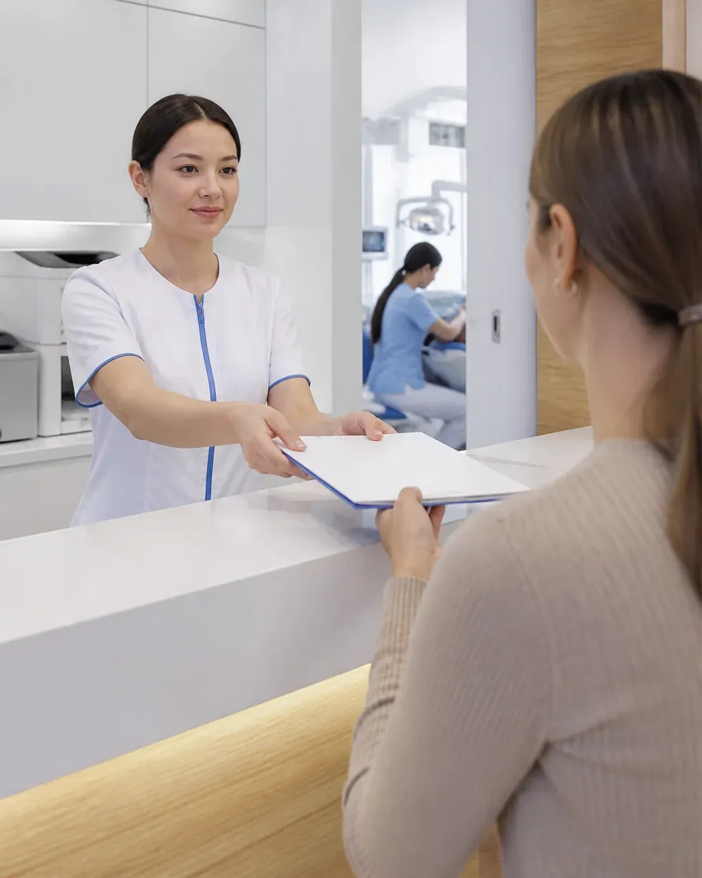 The clinic administrator gives the patient a treatment plan at the front desk