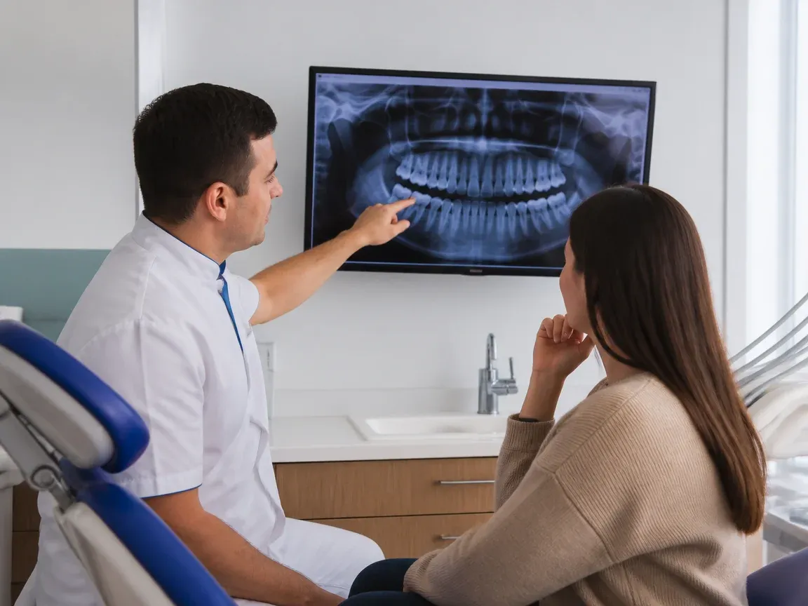 Consultation: doctor and patient at a screen with an X-ray — illustration for the section "First visit and treatment plan"