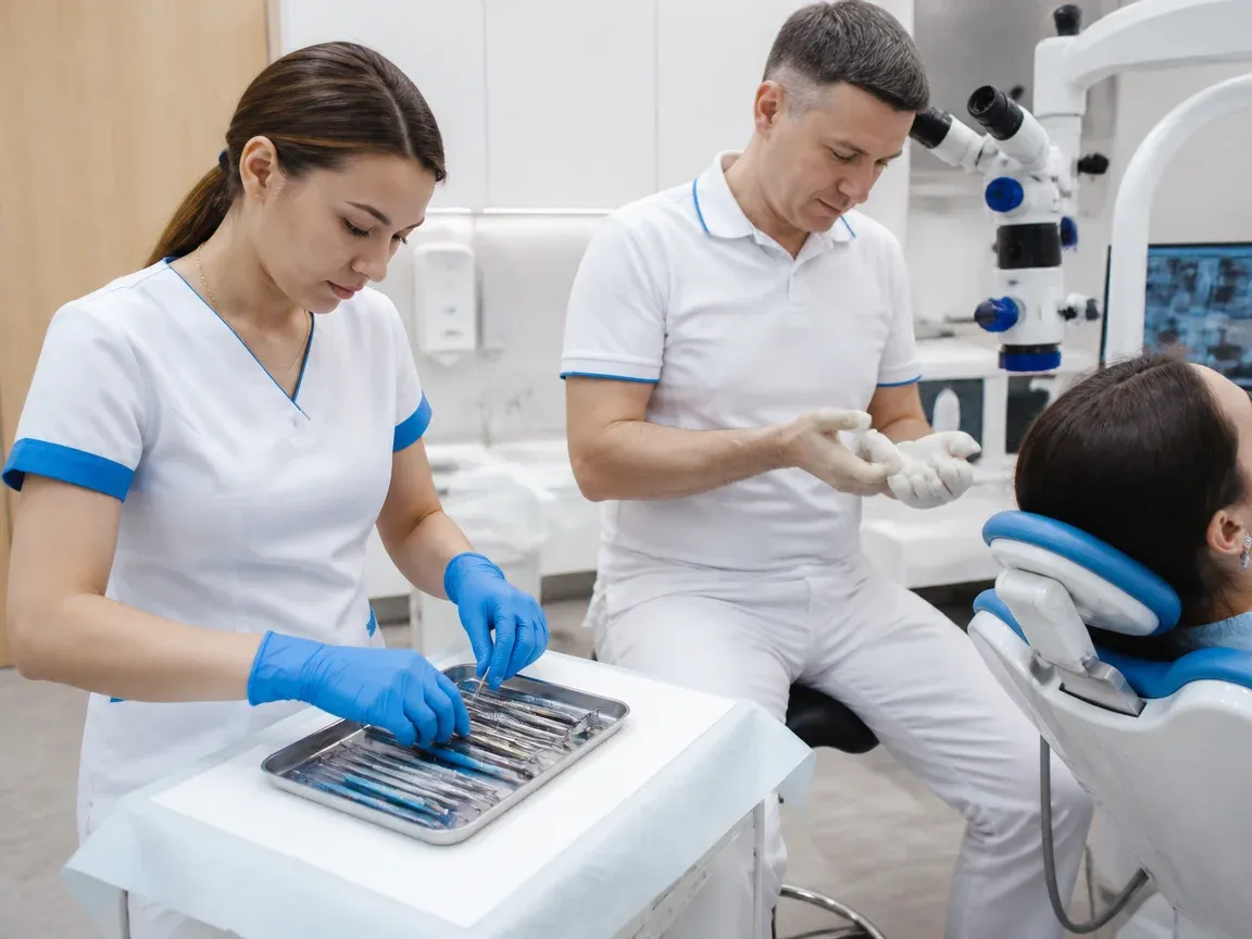 Preparation: the assistant lays out sterile instruments, the dentist puts on gloves — illustration for the section "Tooth preparation"