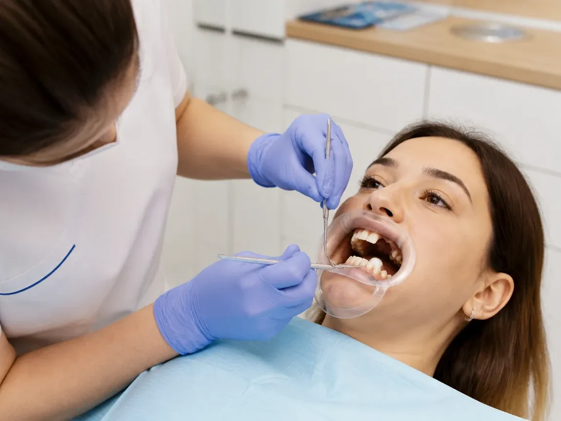 The treatment stage itself: the doctor's gloved hands working in the oral cavity — an illustration for the section "Fabrication in the laboratory"