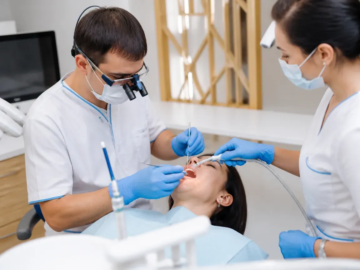Follow-up visit: the dentist checks the result with a mirror while the assistant holds the saliva ejector — illustration for the 'Try-in and cementation' section