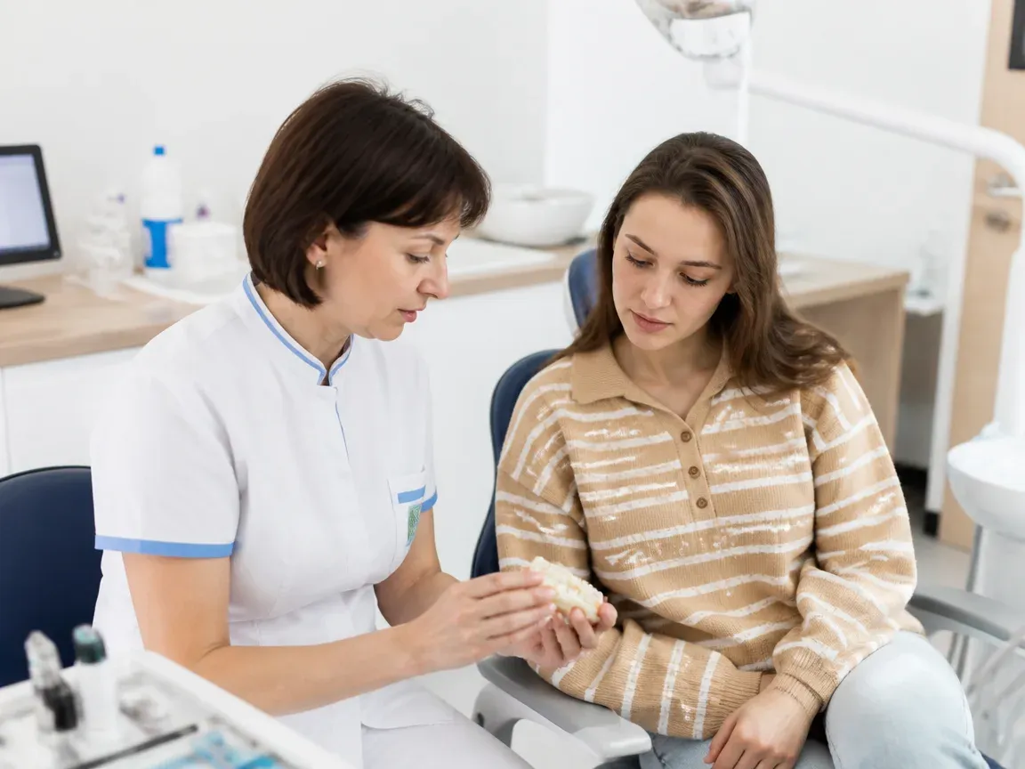 End of appointment: the doctor next to the patient goes over aftercare recommendations — illustration for the "Follow-up examination" section