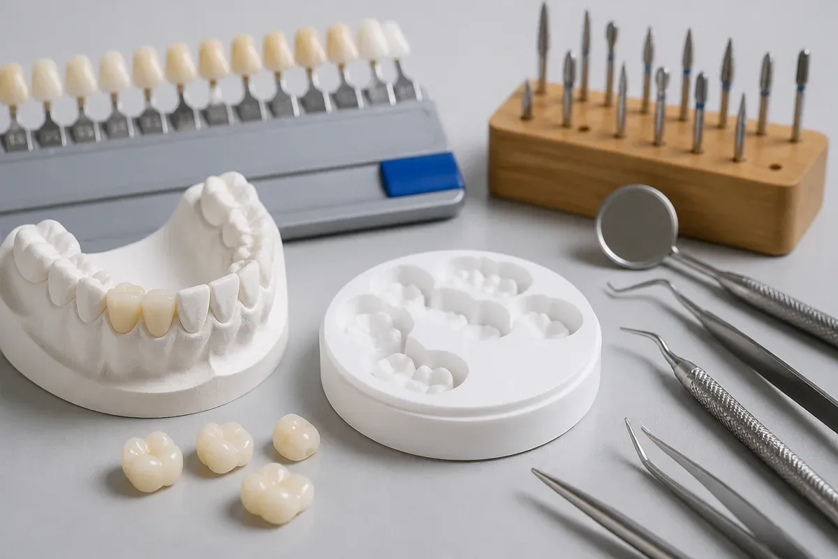 Tools and materials for this type of treatment, laid out on a light surface — an illustration for the section "Solid zirconia crowns"
