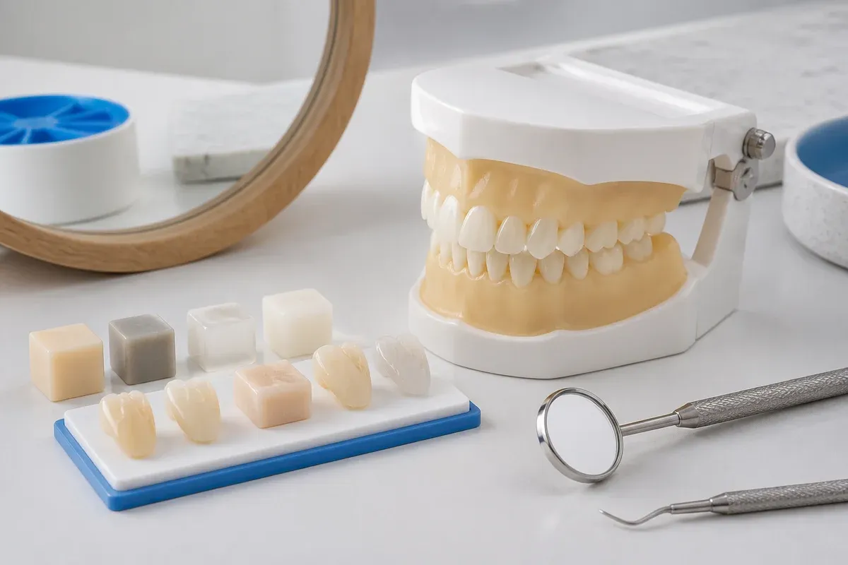 A jaw model and material samples on the dentist's table next to a mirror and probe — an illustration for the section "Pressed zirconia crowns"