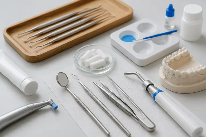 Tools and materials for this type of treatment, laid out on a light surface — an illustration for the section "What preventive procedures do children need and how often"
