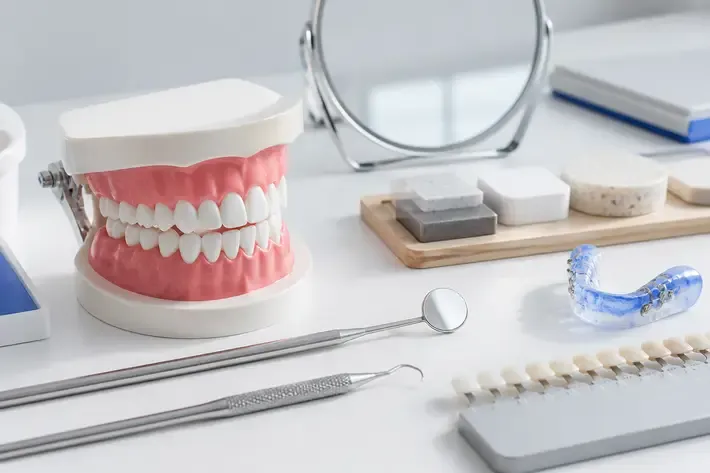 A jaw model and material samples on the dentist's table next to a mirror and probe — an illustration for the section "Which doctors provide care in pediatric dentistry"