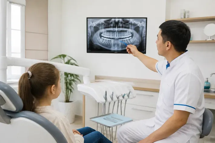 Doctor showing a patient an X-ray on a screen and explaining the treatment plan — illustration for the section "Treatment of caries in primary and permanent teeth"