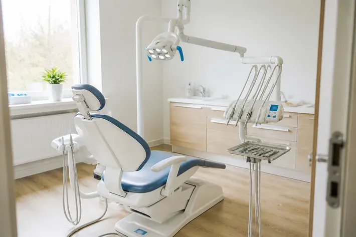 A treatment room prepared for an appointment: dental chair, lamp, and a tray of instruments — an illustration for the section “Treatment of pulpitis and periodontitis”