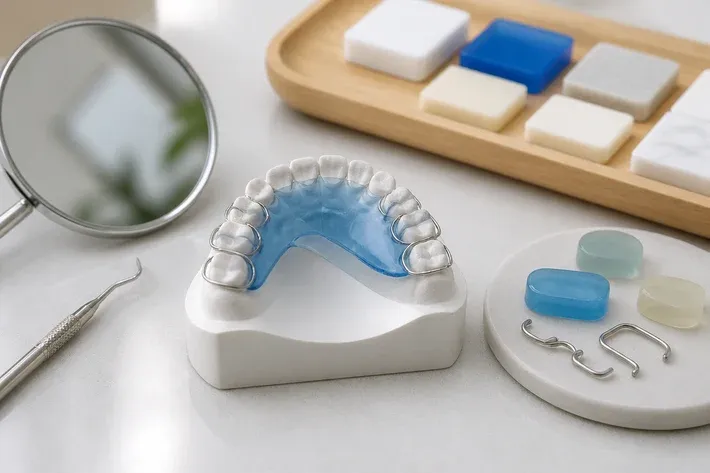 A jaw model and material samples on the dentist's table next to a mirror and probe — an illustration for the section "Plate with clasps and an inclined plane"