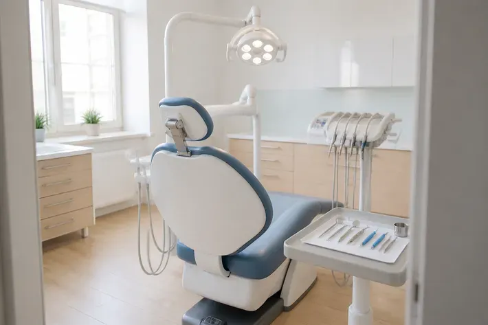 A treatment room prepared for an appointment: dental chair, lamp, and a tray of instruments — an illustration for the section "Plate with a screw and springs at the same time"