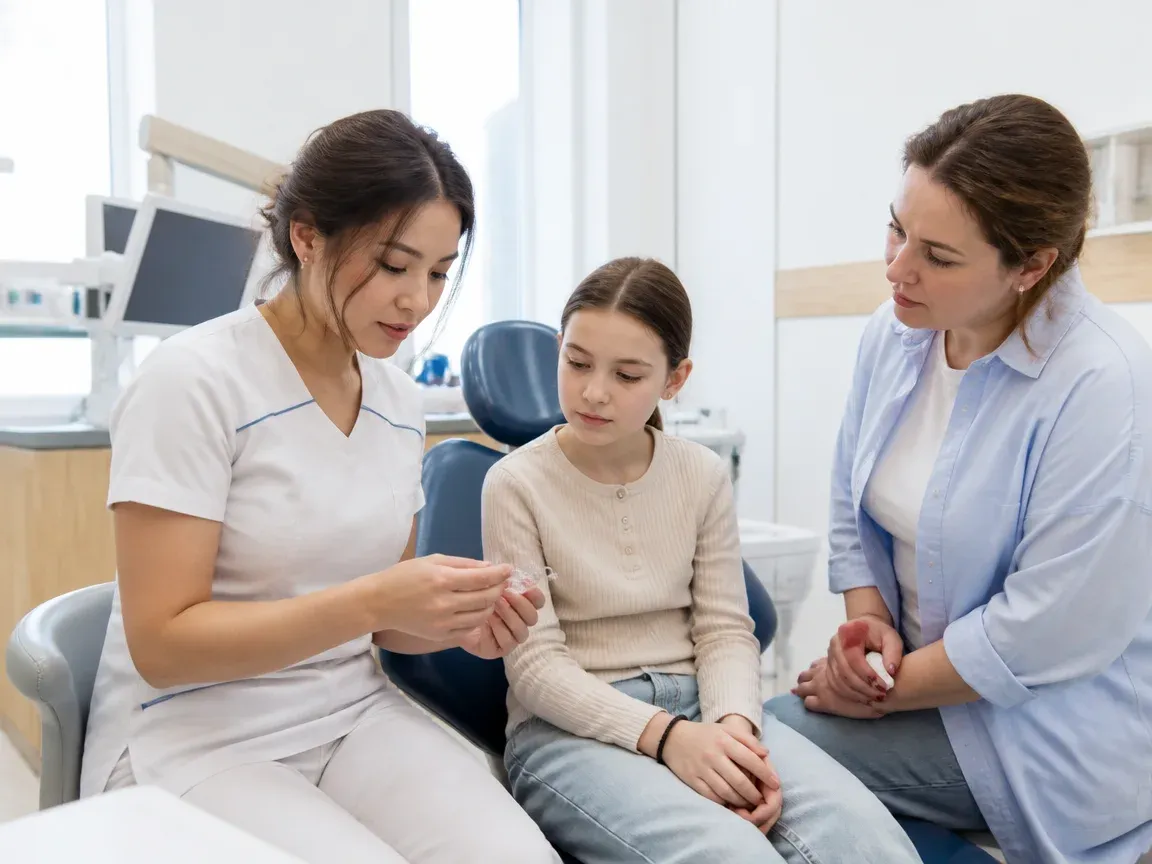 End of appointment: the doctor next to the patient goes over aftercare instructions — illustration for the section "Aligner delivery and training"