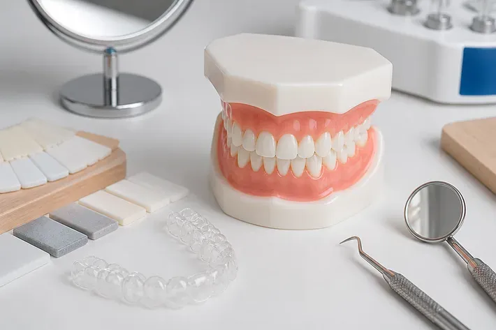 A jaw model and material samples on the dentist's table next to a mirror and probe — an illustration for the section "Which bite abnormalities do aligners correct in children"