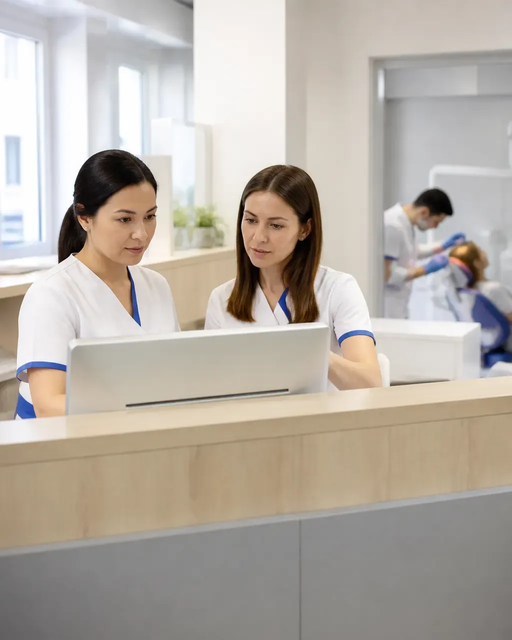 Clinic administrators check the appointment schedule on the screen at the front desk