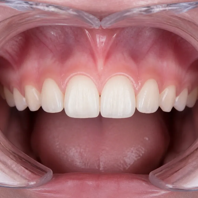 Clear aligners for children — close-up of the result after treatment in a clinical photograph