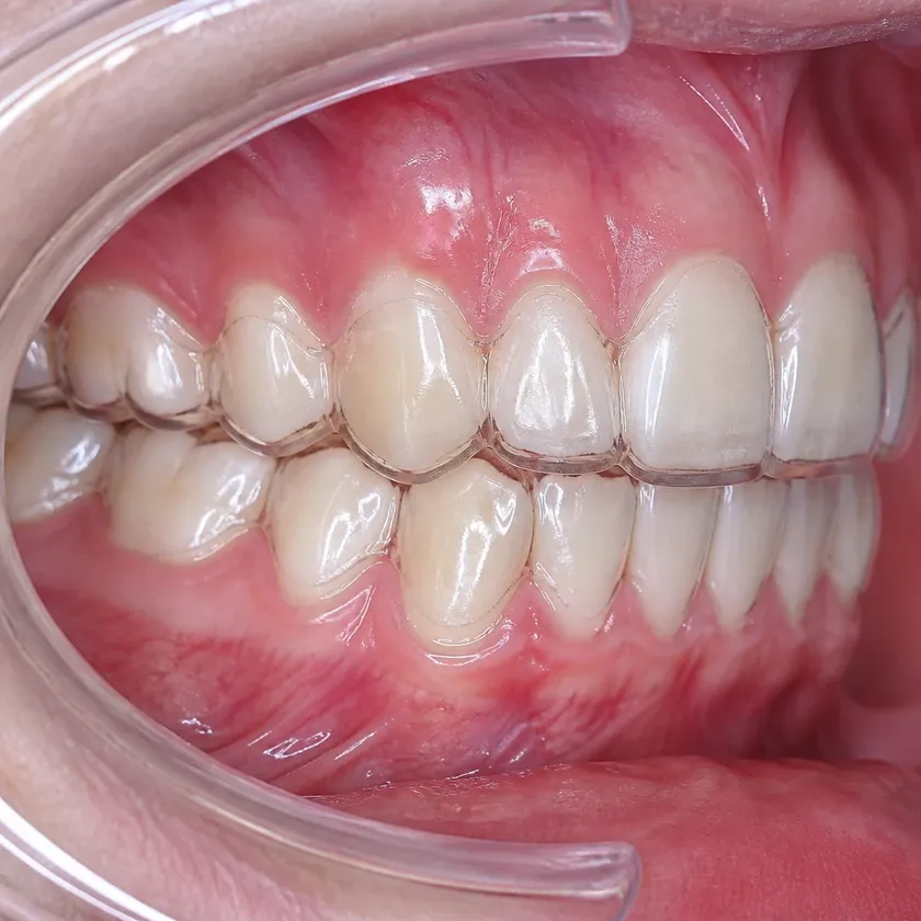Clear aligners for children — close-up clinical photo showing the result after treatment