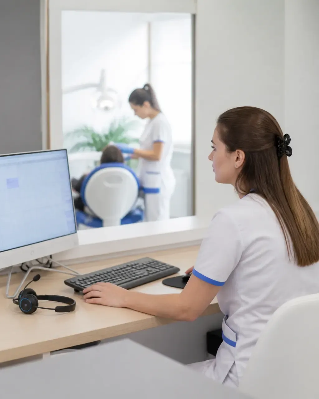 The clinic administrator answers patient messages at the front desk
