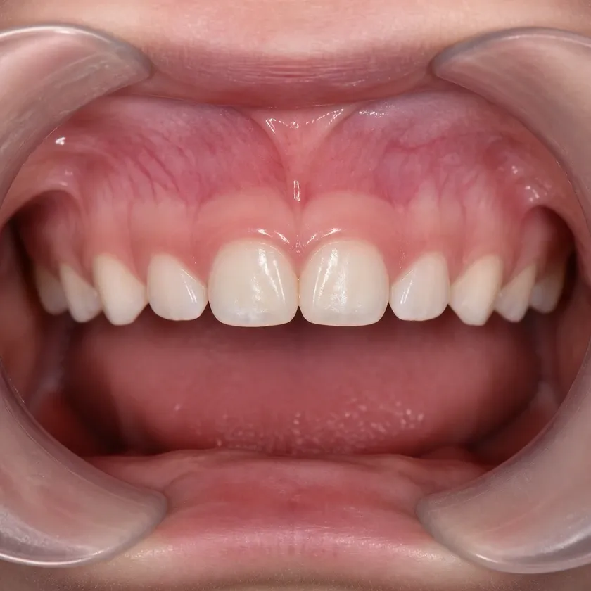 Fluoridation of primary teeth — close-up clinical photograph of the result after treatment