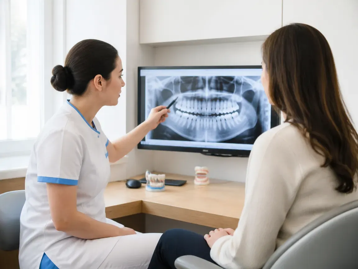 Consultation: doctor and patient at a screen with an X-ray — illustration for the section "How the procedure of fluoride application on baby teeth is performed step by step"