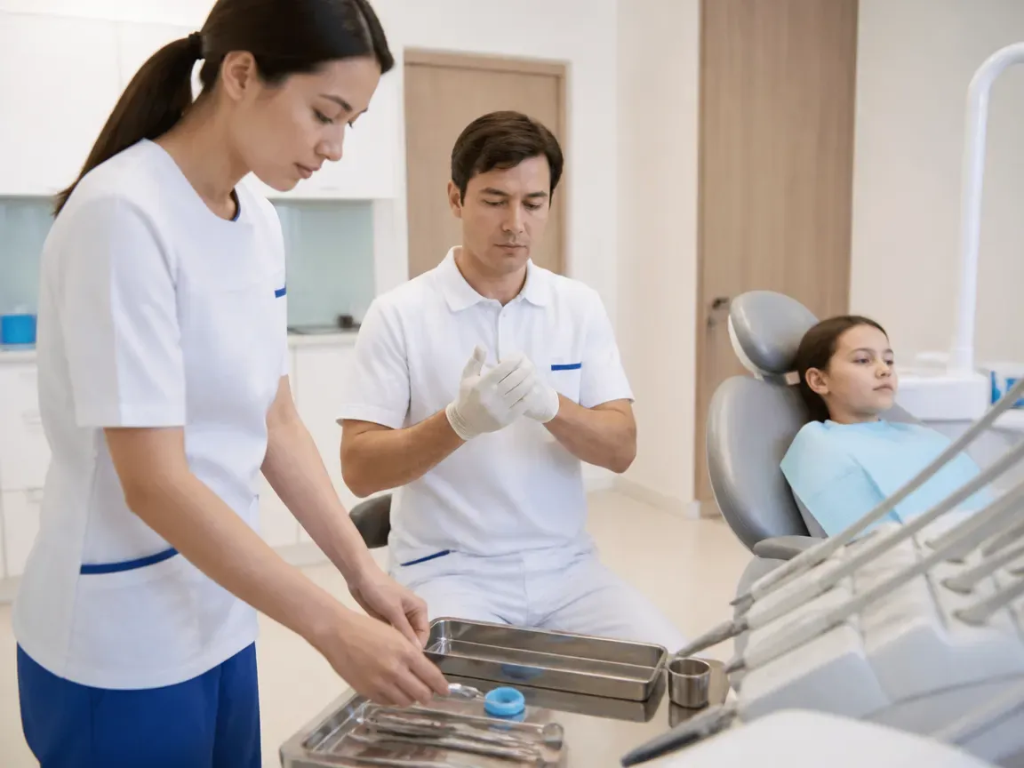 Preparation: the assistant lays out sterile instruments, the dentist puts on gloves — illustration for the section "Preparing for the procedure"