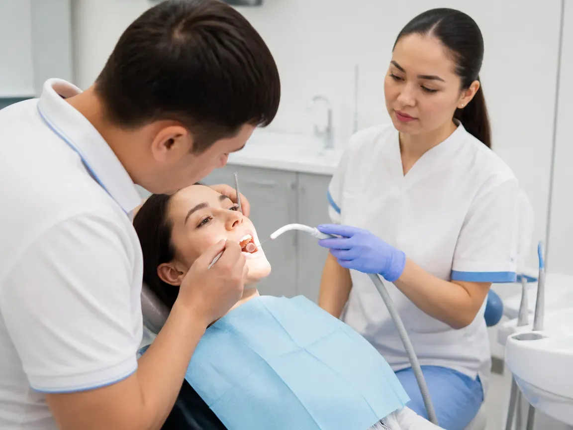 Follow-up visit: the dentist checks the result with a mirror while the assistant holds the saliva ejector — illustration for the "Completing the visit" section