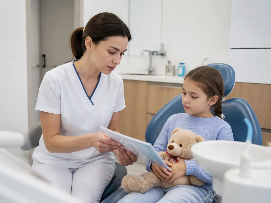 End of appointment: the doctor sits with the patient to go over aftercare instructions — illustration for the section "Fluoride treatment for baby teeth: parents' reviews of the procedure"