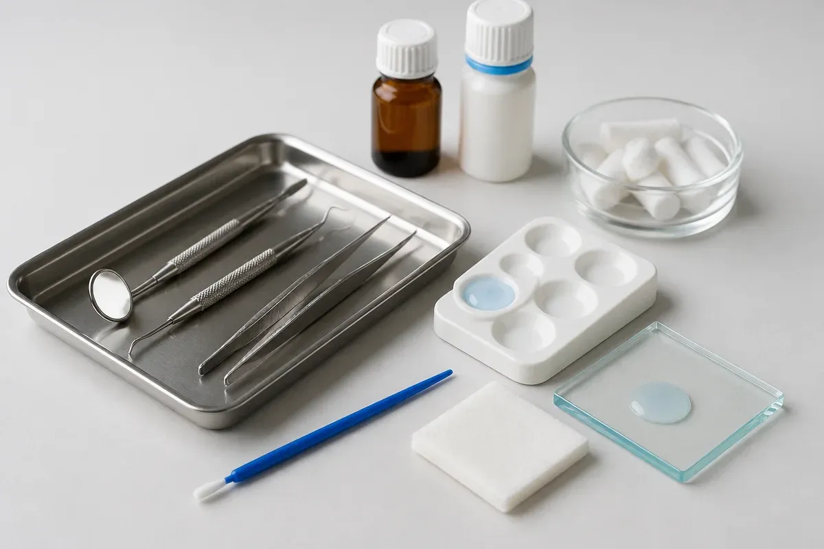 Instruments and materials for this type of treatment, laid out on a light surface — an illustration for the section "What are the indications for fluoride treatment of primary teeth"