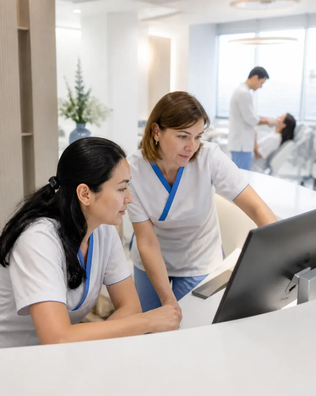 Clinic administrators check the appointment schedule on the screen at the front desk