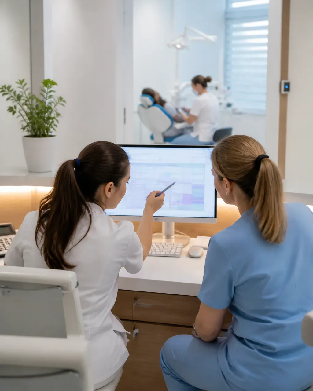 Clinic administrators check the appointment schedule on the screen at the front desk