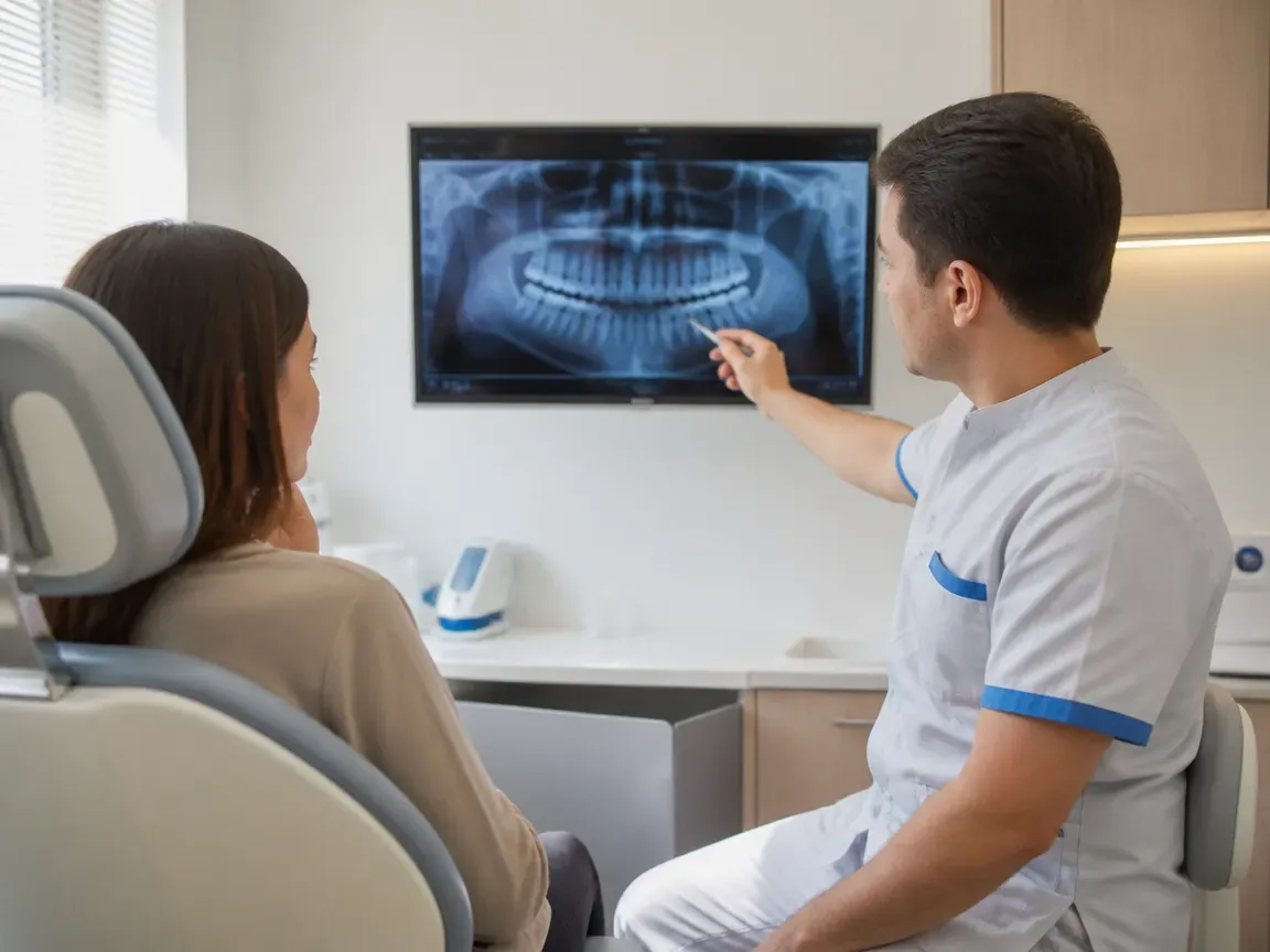 Consultation: doctor and patient at a screen with an X-ray — illustration for the section "What happens during a gnathologist appointment"