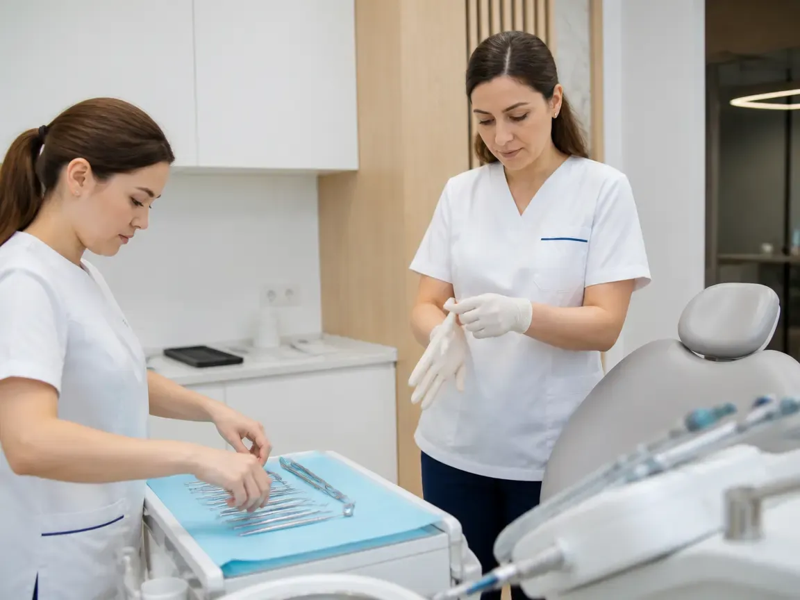 Preparation: the assistant lays out sterile instruments, the dentist puts on gloves — illustration for the section "Diagnosis and treatment plan"