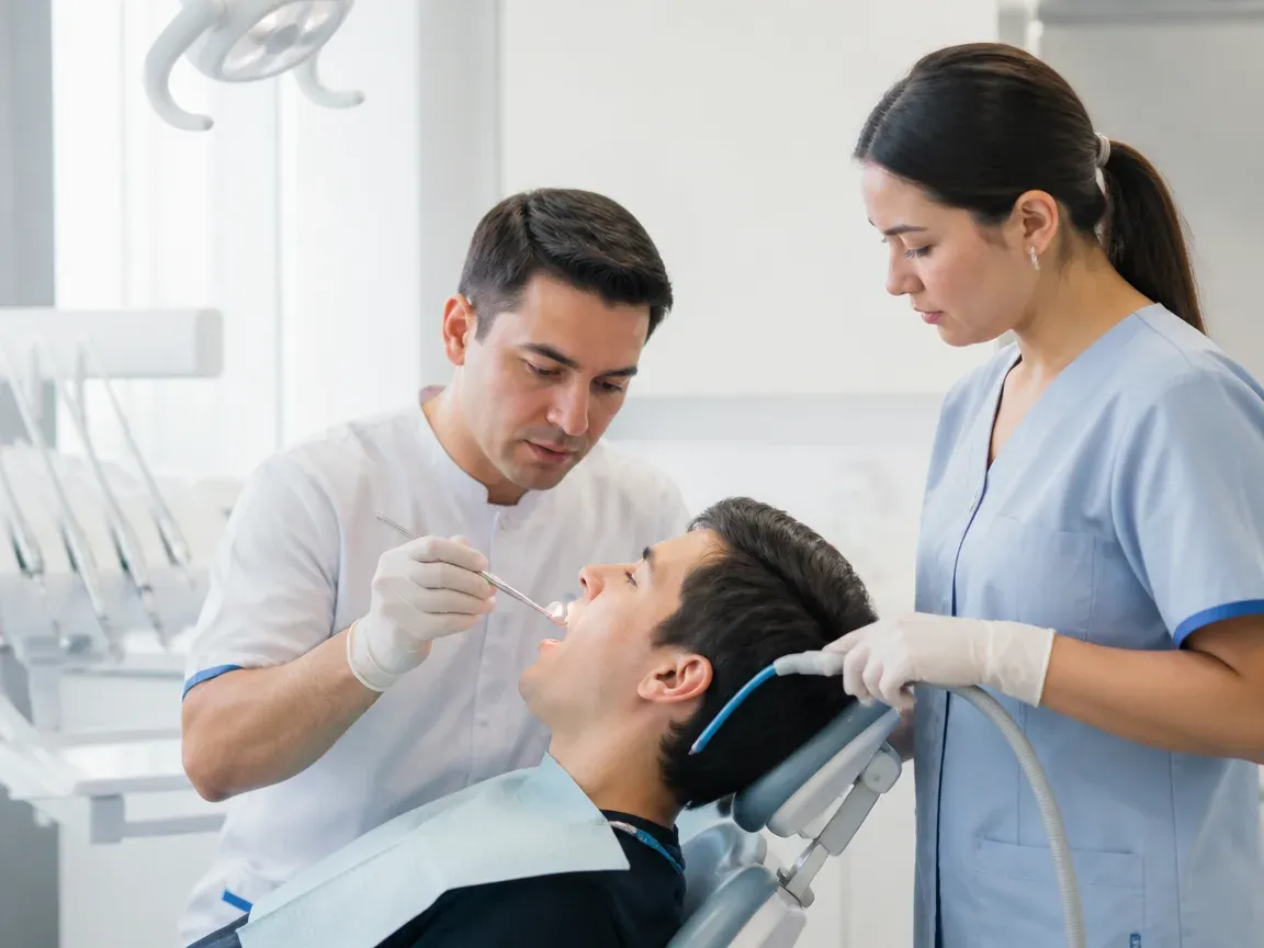 Follow-up visit: the dentist checks the result with a mirror while the assistant holds the saliva ejector — illustration for the "Treatment duration" section
