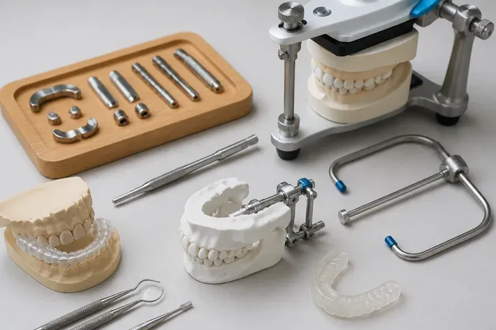 Instruments and materials for this type of treatment, laid out on a light-colored surface — an illustration for the section "Symptoms of TMJ dysfunction"