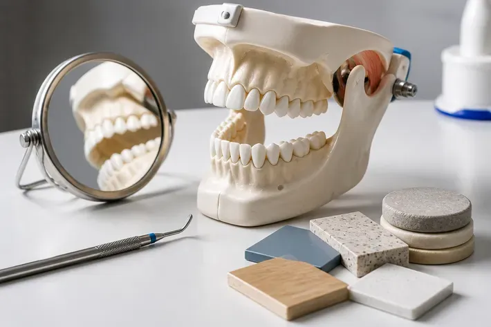 Jaw model and material samples on the dentist's table next to a mirror and probe — illustration for the section "Complications without treatment"