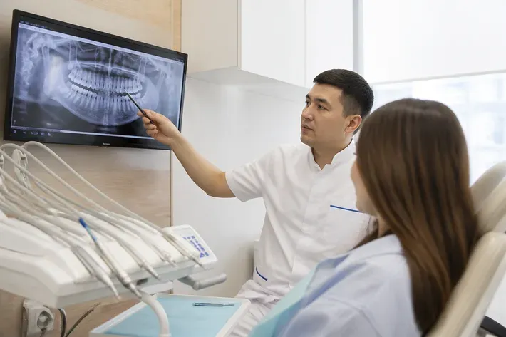 Doctor shows the patient an image on a screen and explains the treatment plan — illustration for the section "Gnathologist or Orthodontist"