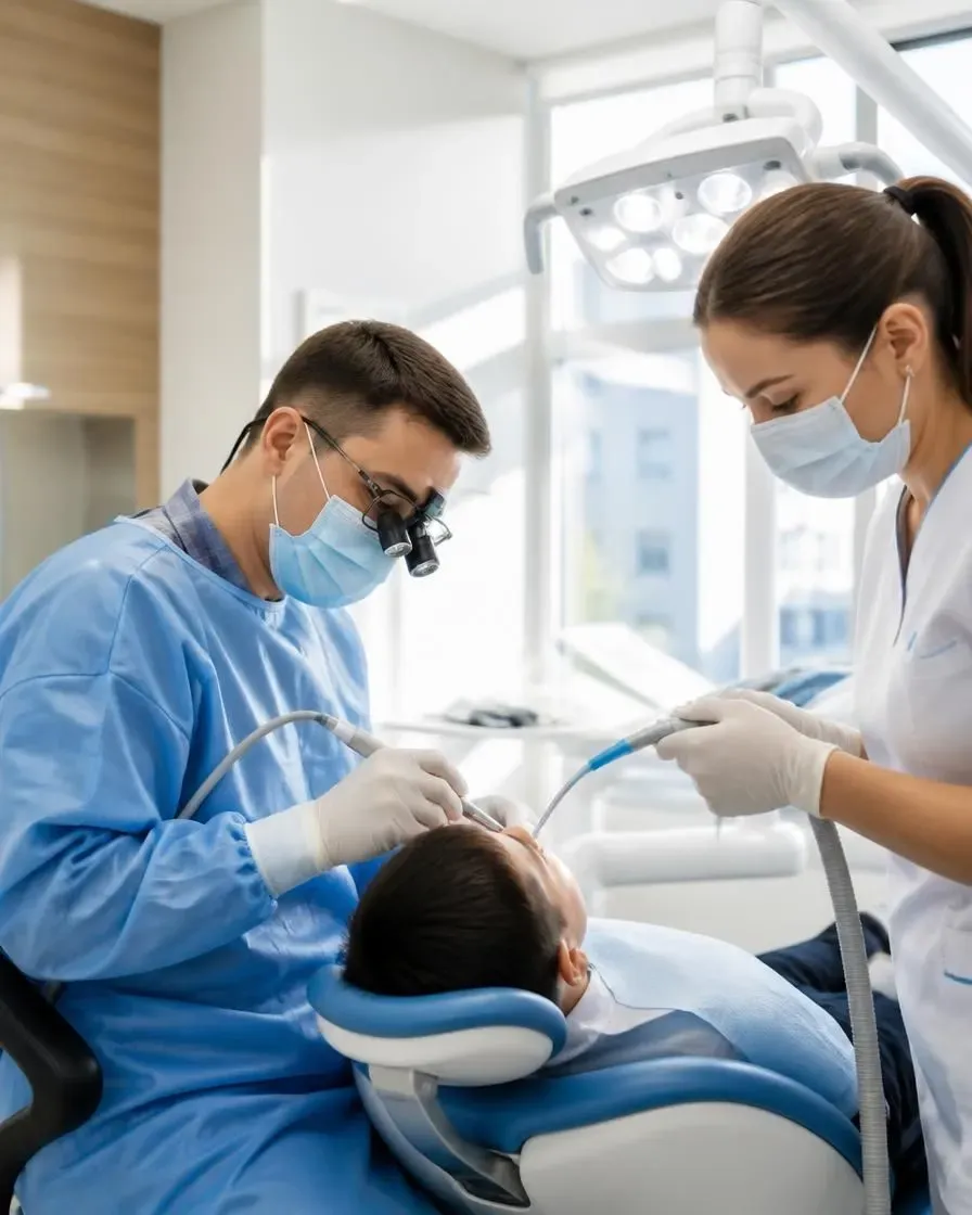 The surgeon places a dental implant