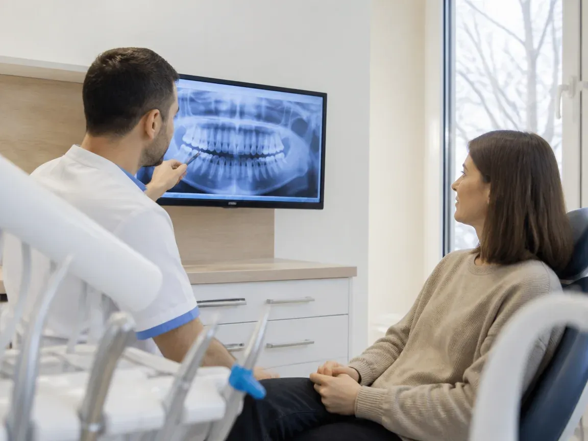 Consultation: dentist and patient looking at an X-ray on screen — illustration for the section "How an apicoectomy is performed"
