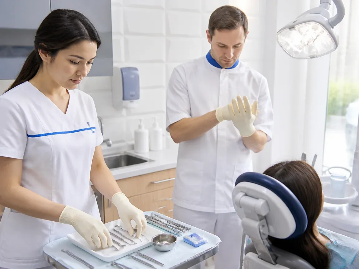 Preparation: the assistant lays out sterile instruments, the doctor puts on gloves — illustration for the section “How long does recovery take after bone grafting”