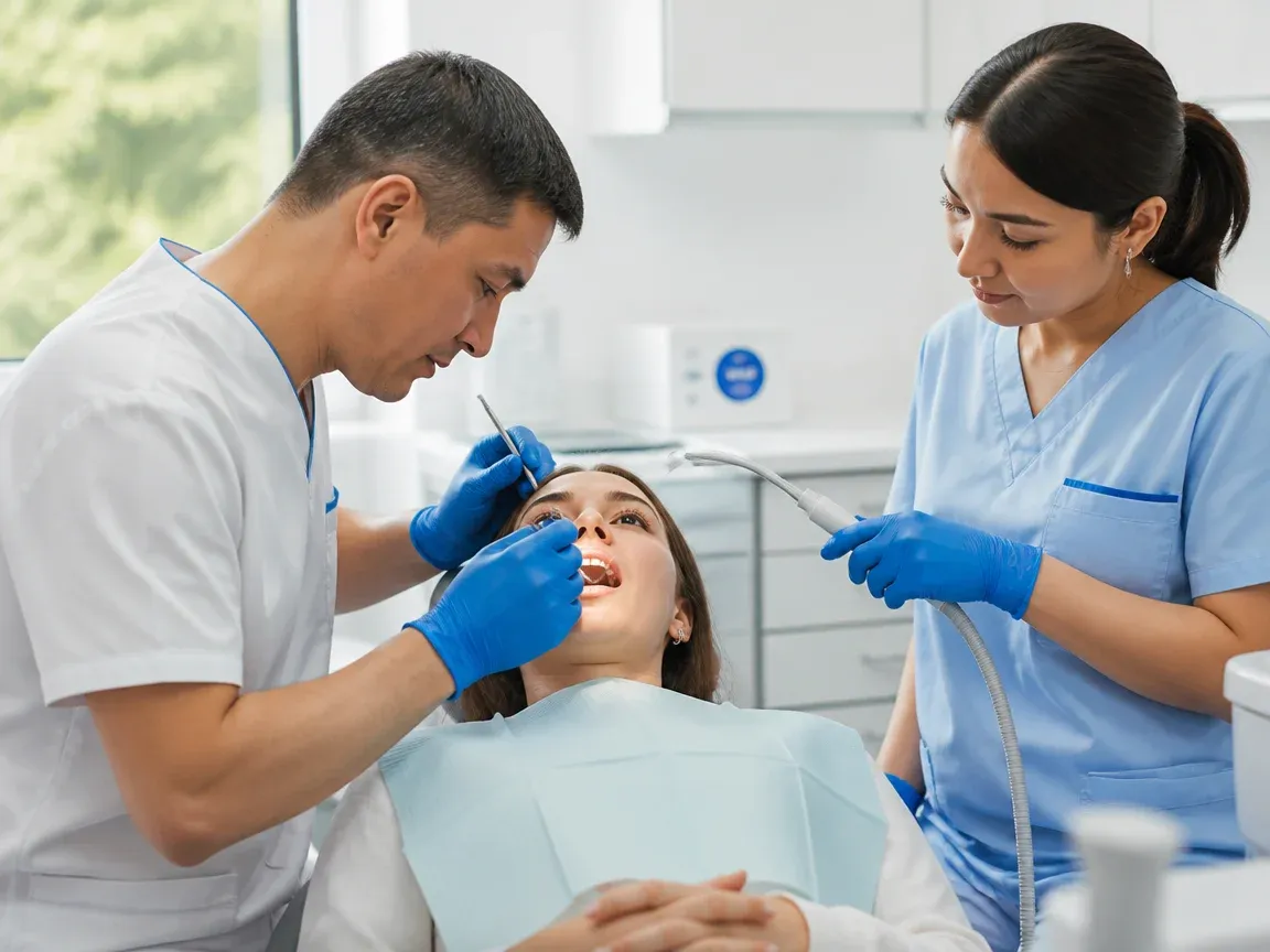 Follow-up visit: the dentist checks the result with a mirror while the assistant holds the saliva ejector — illustration for the section "Rehabilitation after tooth extraction"
