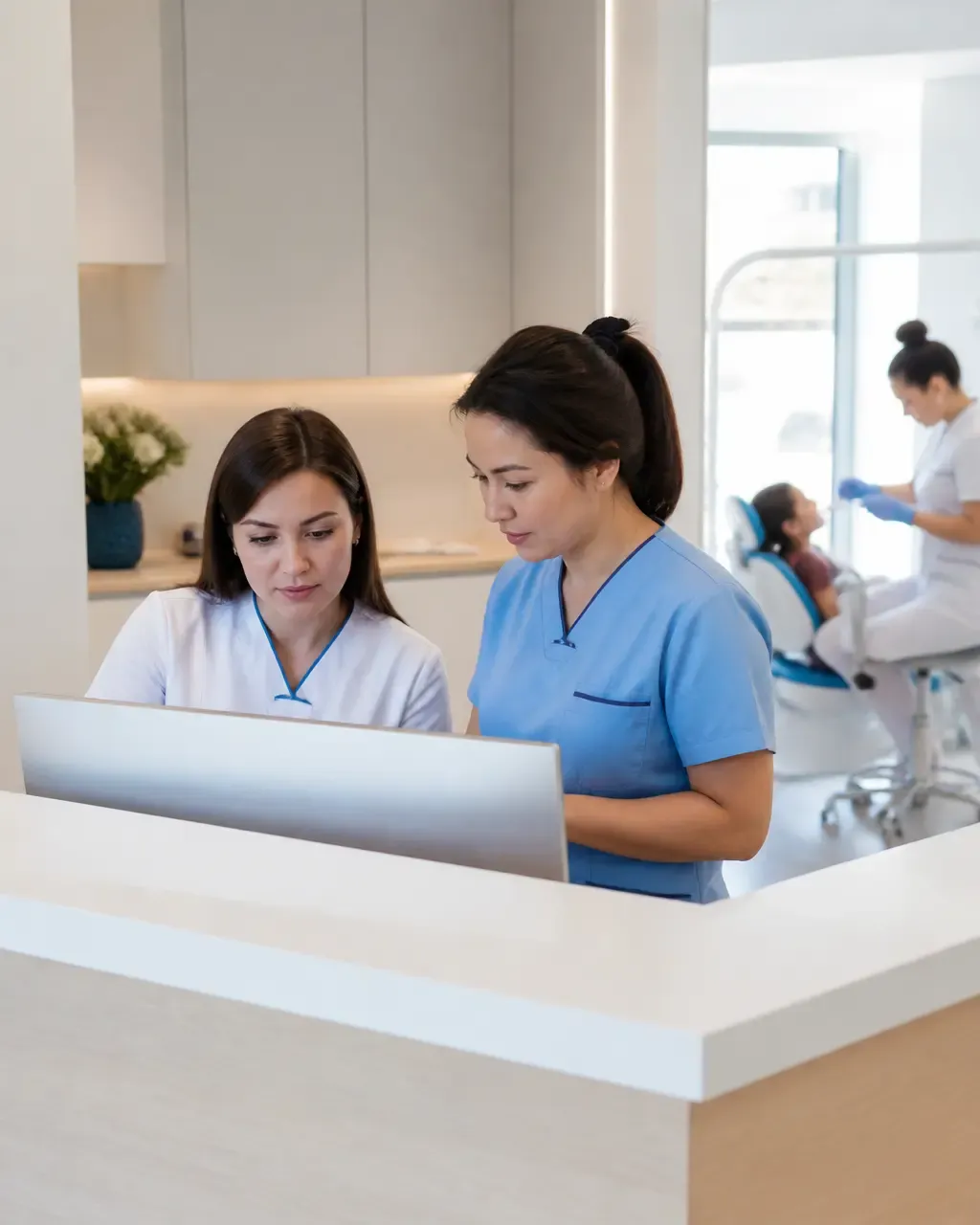 Clinic administrators check the appointment schedule on the screen at the front desk