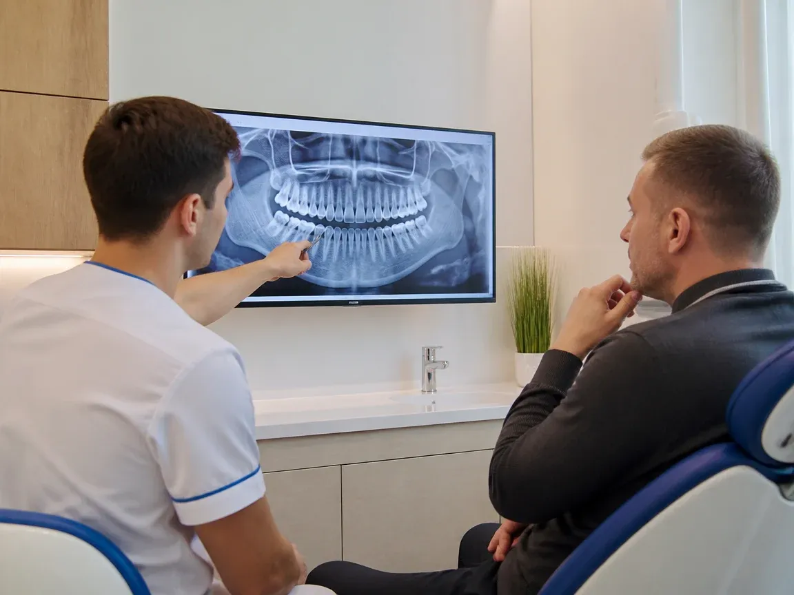 Consultation: doctor and patient at a screen with an X-ray — illustration for the section "How flapless implantation works: stages and duration"