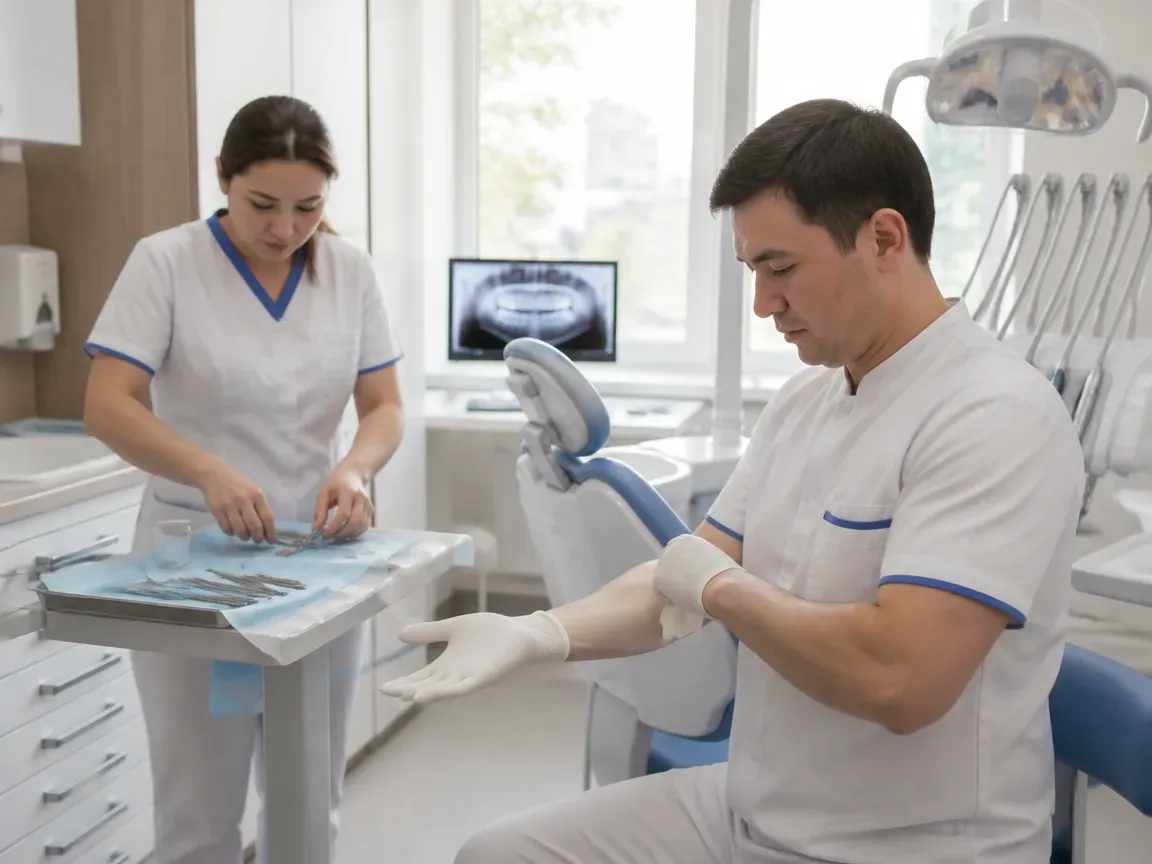 Preparation: the assistant lays out sterile instruments, the doctor puts on gloves — illustration for the section "How preparation for non-surgical implantation works: CT scan, tests, planning"