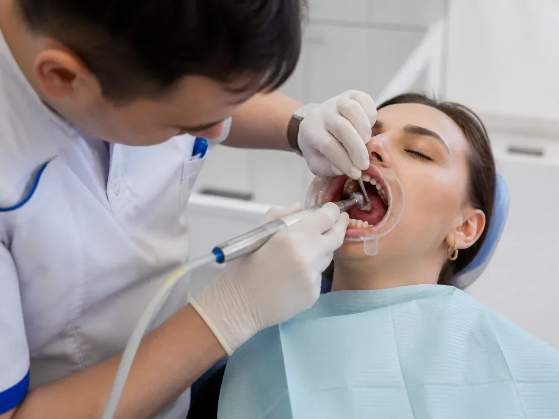 The treatment stage itself: the doctor's gloved hands working inside the oral cavity — an illustration for the section "Does painless implant placement without surgery hurt, and how long does recovery take?"