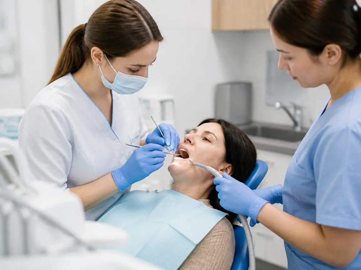 Follow-up visit: the dentist checks the result with a mirror while the assistant holds the saliva ejector — illustration for the "Follow-up examinations" section