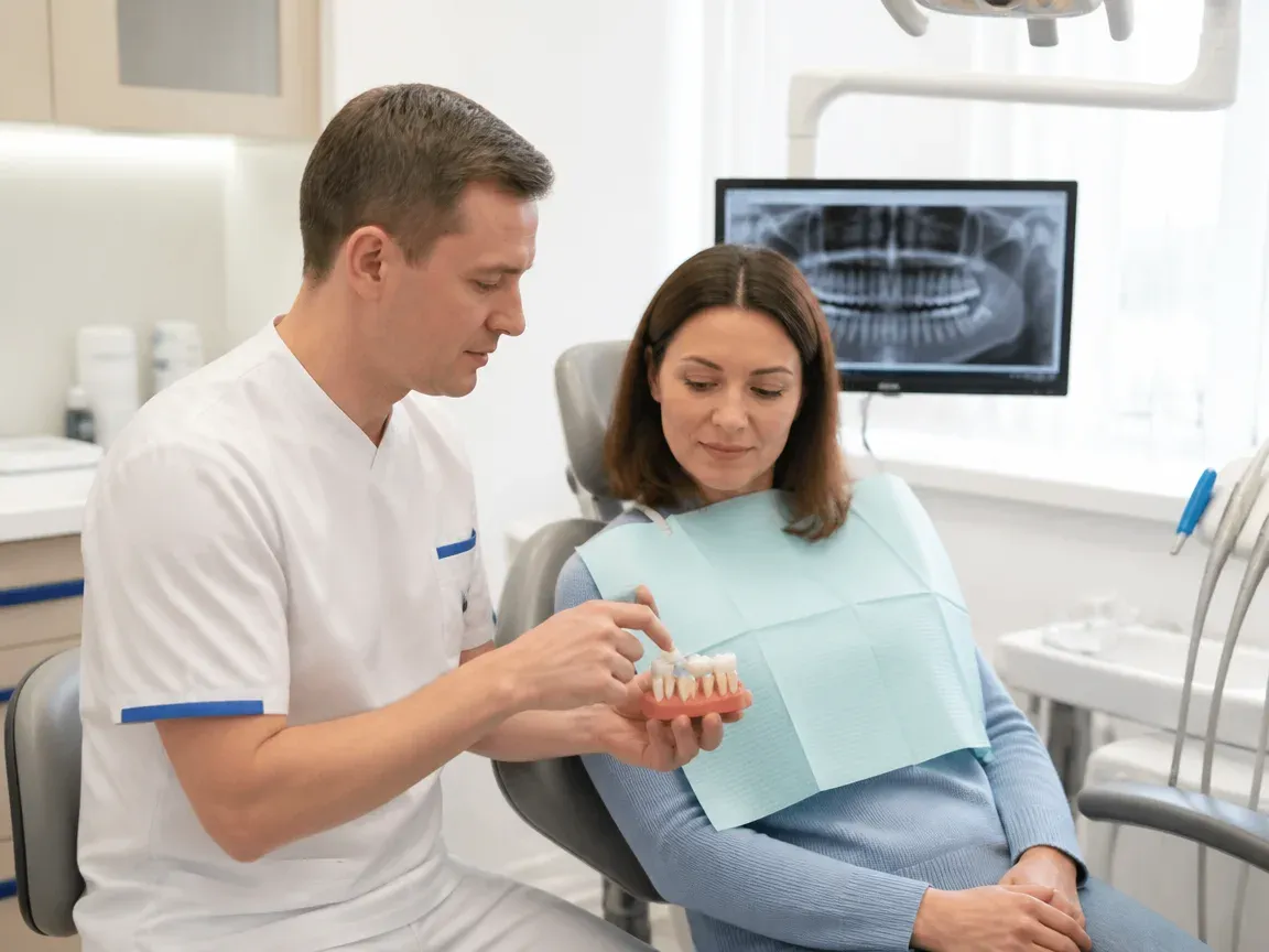 End of appointment: the doctor next to the patient goes over aftercare recommendations — illustration for the section "Crown placement"