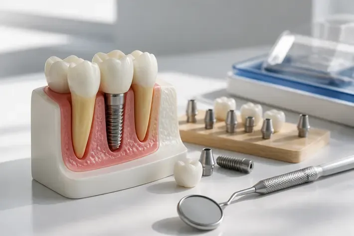 A jaw model and material samples on the dentist's table next to a mirror and probe — an illustration for the section "What risks and complications can occur with flapless implant placement"