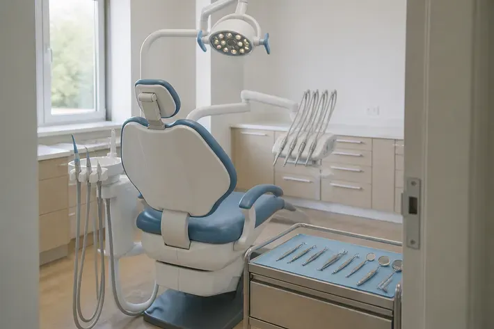 Treatment room prepared for an appointment: dental chair, lamp, and tray of instruments — illustration for the section "Indications for the non-surgical approach"